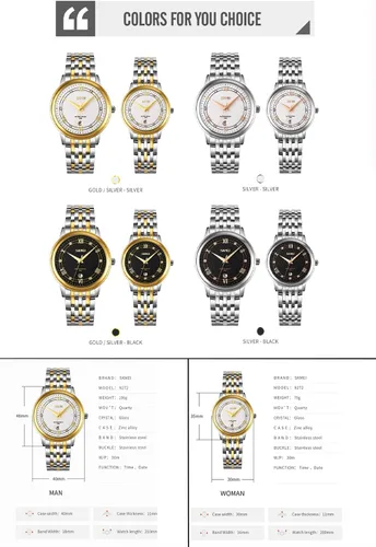 Vista 6 de SKMEI Watches for Couples Men and Women His and Hers Pair Watch Set Husband Wife Valentines Matching Wedding Gifts Classic Stainless Luxry Business