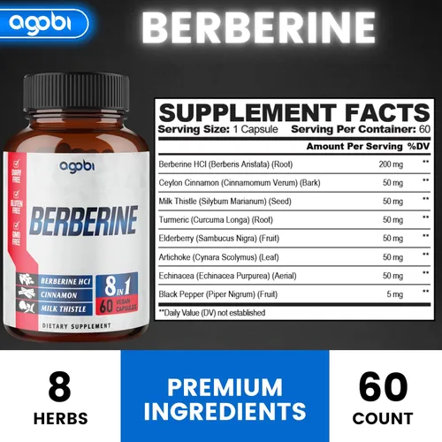 Vista 2 de Suplemento de berberina con Ceilán, cardo mariano, cúrcuma, saúco y más – Apoyo inmunológico, cardiovascular y gastrointestinal – 60