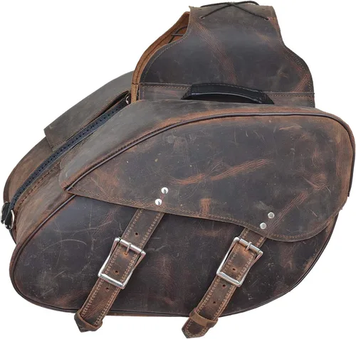Vista 17 de Maleta impermeable de cuero genuino para motocicleta con funda para pistola en el interior marrón y negro tachuela/sin tachuelas