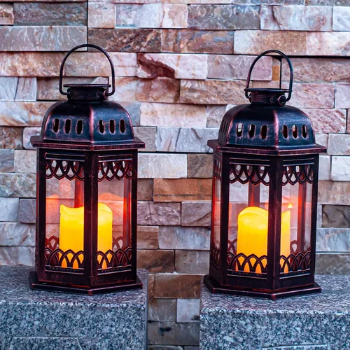 Vista 5 de Paquete de 2 faroles solares de bronce, faroles colgantes retro ornamentados con asa, linterna para exteriores con vela LED parpadeante, 6.60 x 6.60