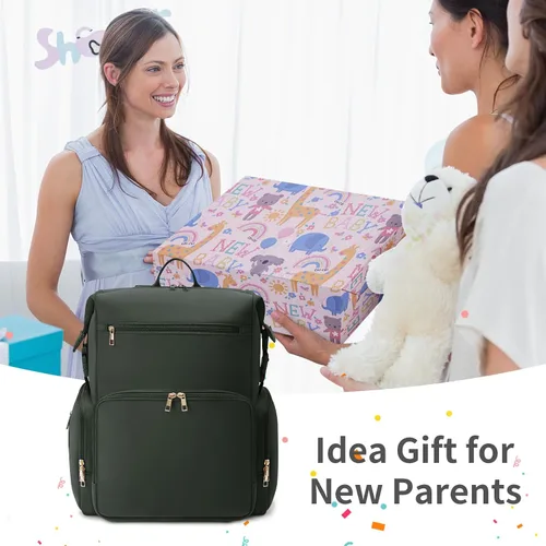 Vista 8 de CEI-CEI Mochila de neopreno para pañales con bolsillos aislados, bolsas grandes de maternidad para bebés recién nacidos, bolsa de viaje con Verde