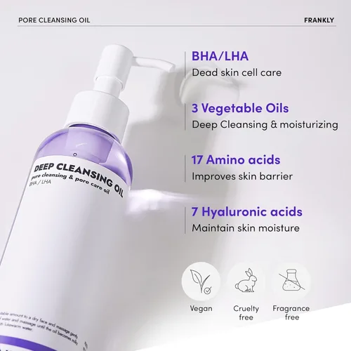 Vista 4 de FRANKLY Aceite limpiador de poros Limpiador de aceite para la cara Desmaquillante profundo y limpiador de puntos negros con BHA, LHA
