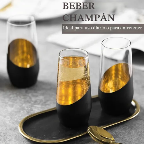 Vista 3 de MyGift Juego de 4 copas de champán negras y doradas sin tallo, vasos de fiesta de boda de 11 onzas, utensilios de bar modernos para vino espumoso