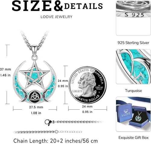 Vista 185 de Collar de pentagrama de plata de ley con triple luna, diosa celta, nudo celta, nudo de brujas, Ankh, sol y luna, Hécate, lilith, Santa Muerte