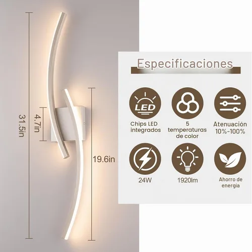 Vista 7 de Lámpara de pared moderna cableada de 3000 ~ 6000 K, lámpara de pared LED plateada de 31.5 pulgadas, luces de pared de níquel cepillado