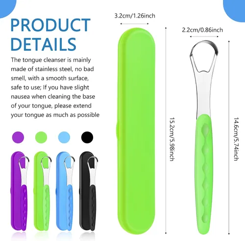 Vista 4 de 4 piezas de limpiador de lengua para adultos y niños, cepillo de lengua de acero inoxidable, raspador de metal, reduce el mal aliento con fundas