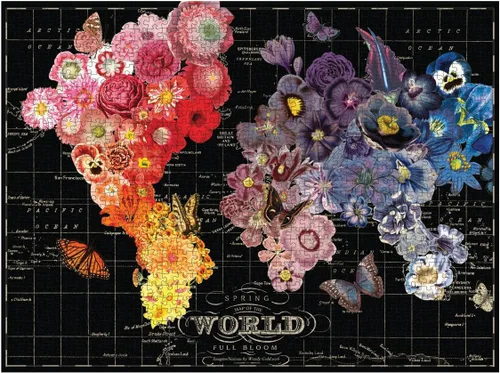 Vista 8 de Rompecabezas Galison de mapamundi en plena floración 1000-piezas Flower Map Art, Botanical Artwork, Nature Gift, TravelChallenging, Recycled