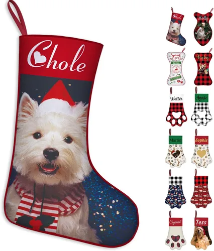 Vista 10 de Calcetines de Navidad personalizados con foto de nombre, medias personalizadas en forma de hueso para perros, gatos, mascotas, medias de Navidad