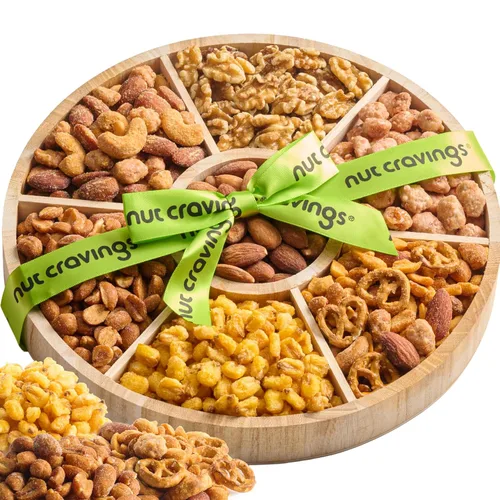 Vista 17 de NUT CRAVINGS - Cesta de regalo de nueces mixtas en bandeja de madera de diamante reutilizable + cinta verde (12 surtidos) golosinas para adultos