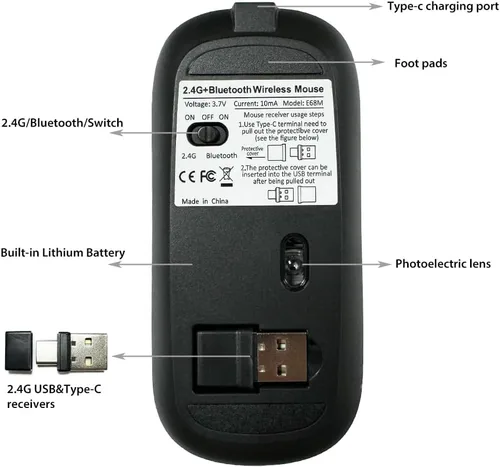Vista 6 de KLO Ratón Bluetooth recargable con LED (BT5.2+Tipo-C+USB2.4G) para MacBook/MacBook Air/Pro/iPad/Laptop/Notebook/PC/Chromebook (A LED/Verde)
