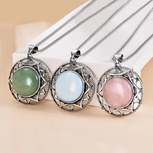 Vista 4 de KZYOYE Collar con colgante de piedra redonda, collar de turquesa, piedra natal auténtica, cristales curativos, joyería vintage para mujeres, niñas