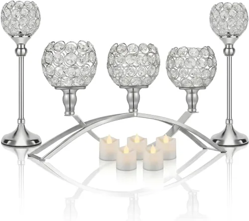 Vista 9 de Portavelas de cristal dorado decorativos con candelabro de 3 brazos, soporte para velas, pieza central de mesa, decoración para mesa de comedor