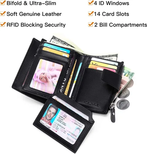 Vista 3 de FALAN MULE Cartera pequeña para mujer, de piel auténtica, plegable, compacta, con bloqueo RFID, pequeña cartera para mujer, Aa-negro., Classic