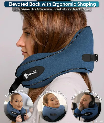 Vista 4 de SNUGL Almohada de viaje – Almohadas de espuma viscoelástica – Almohada para el cuello para avión con bolsa de transporte y clip – Almohadas de apoyo
