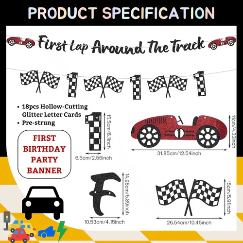 Vista 2 de Cartel de la primera vuelta alrededor de la pista con purpurina para decoración de fiesta de primer cumpleaños, pancarta de auto de carreras negro