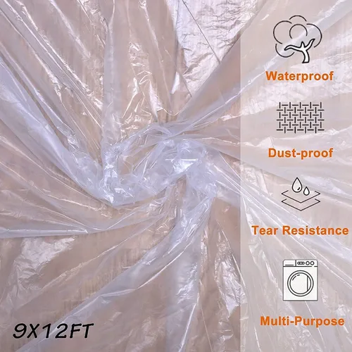 Vista 12 de Paños de tela de plástico transparente para pintar, 5 piezas, 9x12 pies, lona de plástico impermeable a prueba de polvo, casi resistente a roturas