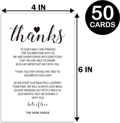 Vista 3 de Tarjetas de agradecimiento para recepción de boda, 50 tarjetas de letrero de mesa para cena de ensayo, 4 x 6 pulgadas
