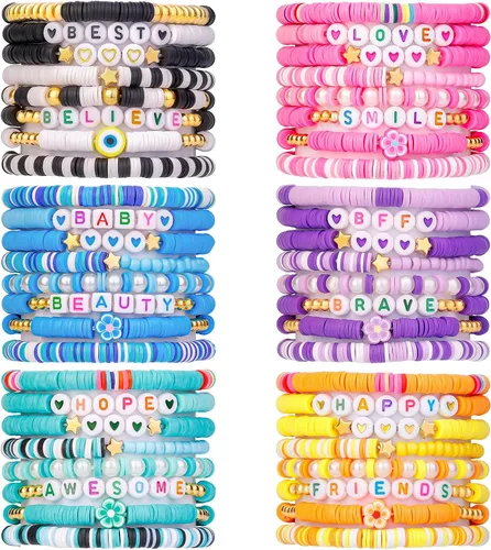 Vista 10 de LUYI 32 piezas de pulseras de joyería preppy para mujer, cuentas de arcilla, coloridas, pulseras heishi estilo surfista, conjunto de pulseras
