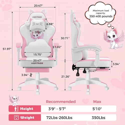 Vista 2 de HOFFREE Silla de juegos rosa para niña, linda silla de computadora de Rosa + blanco