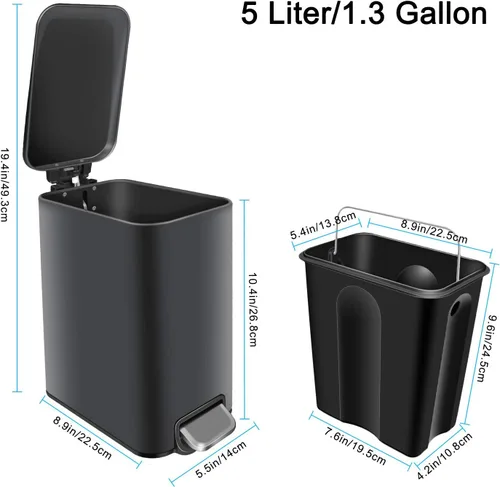 Vista 6 de H+LUX Bote de basura pequeño con tapa de cierre suave, cubo de basura con papelera interior extraíble, papelera rectangular para baño, dormitorio
