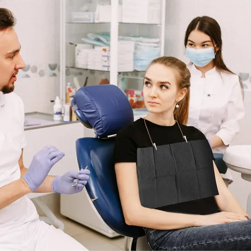 Vista 4 de 125 baberos dentales desechables para pacientes, 13 x 18 pulgadas, 3 capas impermeables para piercing, tatuaje, servilleta, babero de tejido