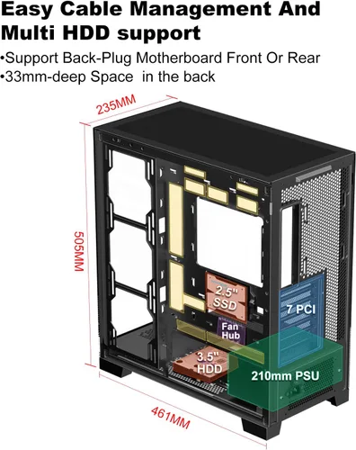 Vista 6 de SAMA NEVIEW 4503 Chasis de PC de Torre Media con Paneles de Vidrio Templado Dual, Ventiladores ARGB de 4×120mm Pre-Instalados, Chasis de PC ATX
