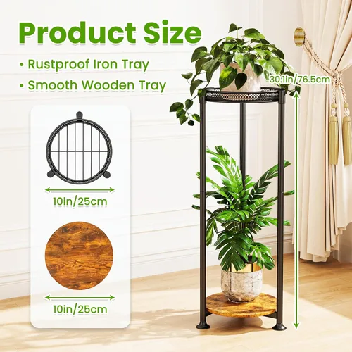 Vista 2 de Soporte negro de 2 niveles para plantas en interiores, 30 pulgadas de alto, estante de esquina de metal resistente para plantas estrechas para piso