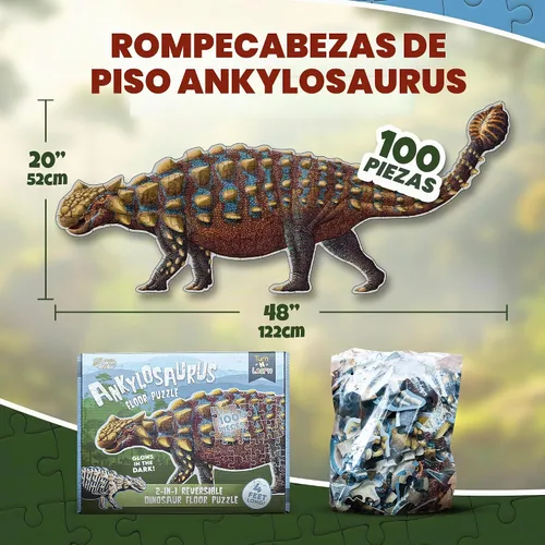 Vista 4 de Ankylosaurus - Rompecabezas de dinosaurio Rompecabezas de piso de doble cara de 100 piezas con esqueleto que brilla en la oscuridad en el otro