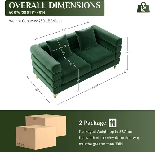 Vista 2 de Wrofly Sofá Nube para Sala de Estar, Loveseat Moderno de Terciopelo de Asiento Profundo Muy Acolchado de 59" con 2 Almohadas, Cómodo Sofá de Amor