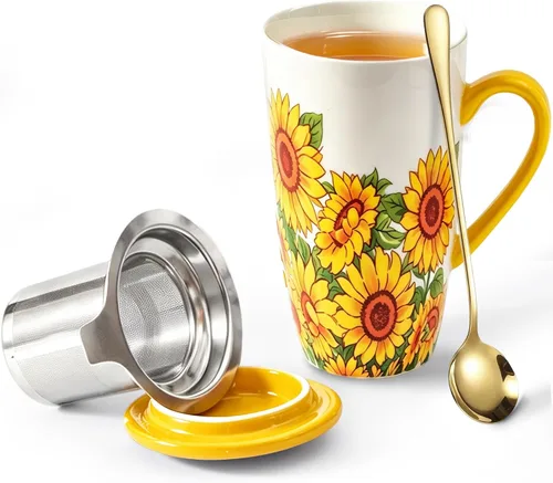 Vista 10 de Taza de té de cerámica con tapa, infusor y cuchara, 16 onzas Verde (Green Christmas)