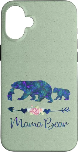 Vista 22 de Teal Blue Purple Floral Mama Bear and Two Cubs Light Green Case for iPhone 16