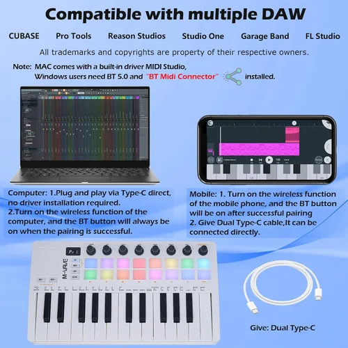 Vista 2 de M-VAVE 25 Teclas 16 Almohadillas de Batería Retroiluminadas Teclado MIDI – Creador de Ritmos Profesional y Keytar para Producción Musical de Teclado