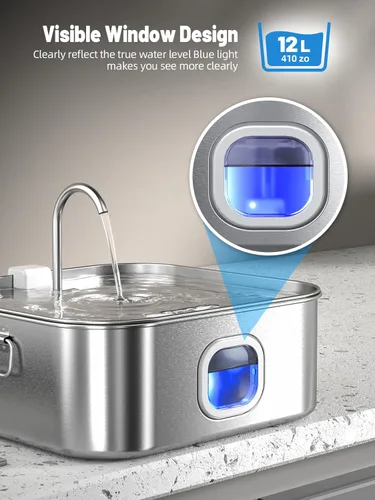 Vista 3 de Fuente de agua para perros de acero inoxidable, fuente de agua grande para perros grandes, dispensador de agua para perros grandes, ventana de nivel