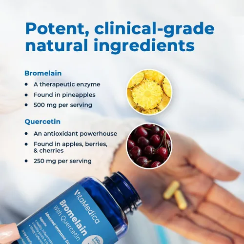 Vista 3 de VitaMedica Suplemento de bromelina y quercetina - 500 mg de bromelina 250 mg de quercetina - 2400 GDU para inmunidad, apoyo articular, inflamación