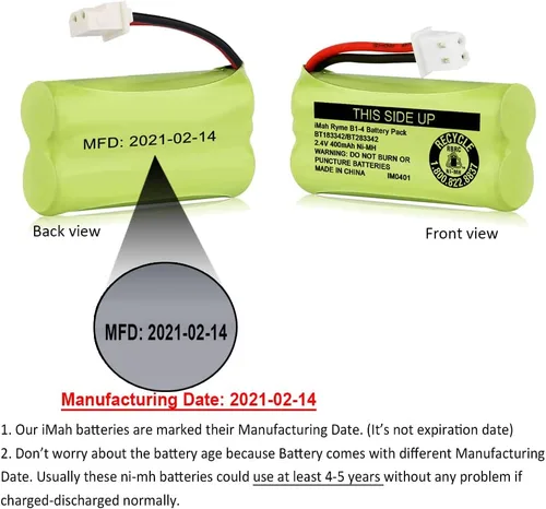 Vista 3 de iMah BT183342/BT283342 2.4V 400mAh Ni-MH - Batería compatible con baterías de teléfono inalámbrico AT&T VTech BT166342/BT266342 BT162342/BT262342