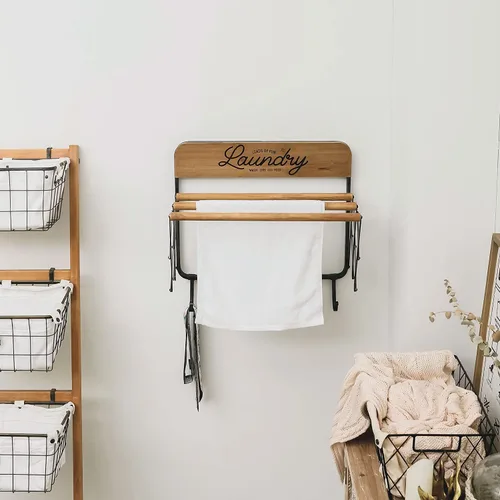 Vista 4 de SOFFEE DESIGN Estante de lavandería de acordeón, estantes retráctiles montados en la pared, 3 barras y 5 ganchos para tendedero, toallas para colgar