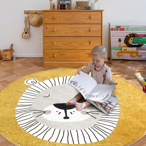 Vista 9 de USTIDE Linda alfombra para niños, alfombra redonda de león de dibujos animados, alfombra de juego de león amarillo, alfombra suave de 4 pies