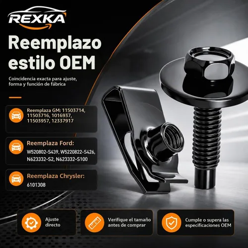 Vista 2 de Rexka 10 juegos de tuercas en U extruidas M6-1.0 y tornillos SEMS de cabeza hexagonal para GM Ford Chevy ChryslerJeep Dodge – multiusos – Protector