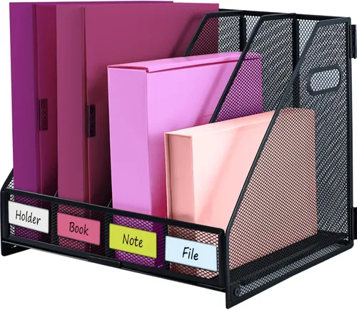 Vista 8 de Organizadores de escritorio, soporte para archivos de revistas de metal con 2 compartimentos verticales, organizador de archivos con encuadernador