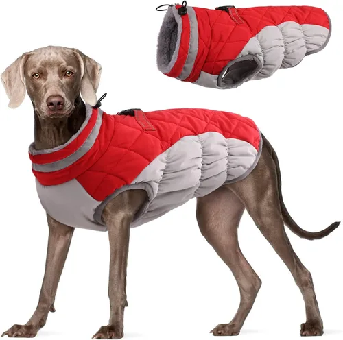 Vista 29 de Abrigo para perro, chaqueta cálida de invierno, acolchada, de vellón, chaleco reflectante con arnés, chaqueta de nieve impermeable con cremallera, a