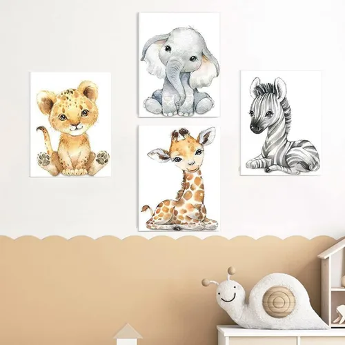 Vista 3 de Arte de pared de animales del bosque, impresiones en lienzo enmarcado, acuarela, cebra, leño, tigre, elefante, dibujos animados, decoración