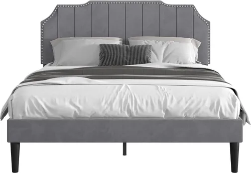 Vista 8 de VECELO Base de cama tapizada de tamaño matrimonial con cabecera ajustable copetuda, base de colchón, soporte de listones de madera, fácil montaje