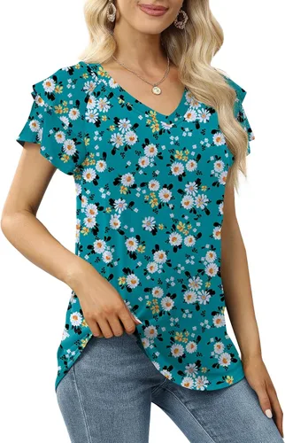 Vista 5 de DB MOON Camisetas casuales de verano para mujer, manga corta, con volantes, cuello en V, ajuste holgado