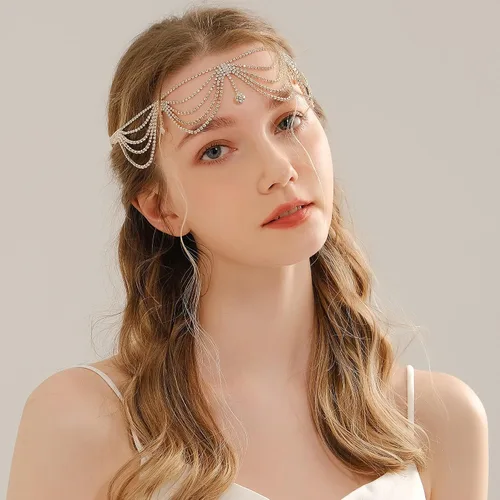 Vista 3 de Cadena de cabeza de diamantes de imitación de novia para mujer, accesorio de boda bohemio, joyería de moda