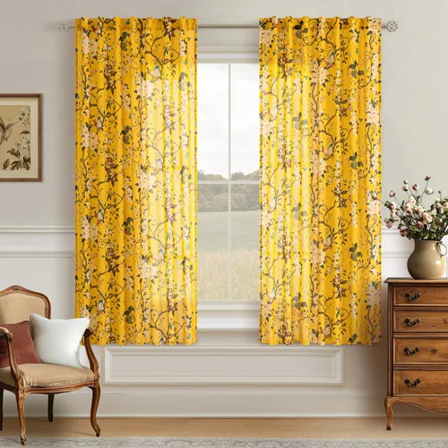 Vista 26 de Cortinas de lino de pájaro floral azul 2 paneles de 72 pulgadas de largo Aqua Blue