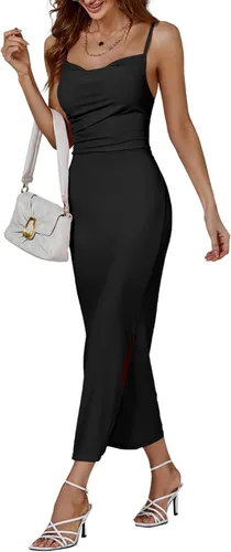 Vista 3 de LYANER Vestido midi de fiesta con tirantes delgados y abertura dividida sin mangas, cuello en V y cremallera