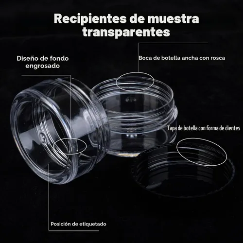 Vista 3 de 10 Gram 20 Unidades de Envases de Muestra, Pequeños Envases de Plástico con Tapa, Envases de Muestra Vacíos con Etiquetas y Mini Cucharas Negro