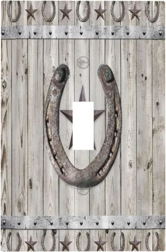 Vista 41 de Cubiertas de pared de estilo rústico occidental de madera puerta de granero herradura de hierro estrella placas de pared simple dúplex cubiertas