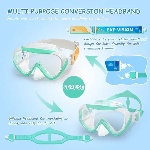 Vista 6 de Máscara de natación para niños, gafas de natación para niños de 180° antivaho, a prueba de fugas, con cubierta de nariz y correa de tela para edades