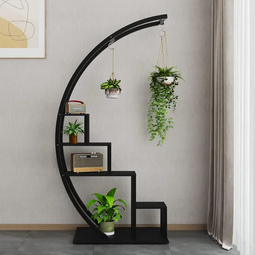 Vista 6 de GAOMON Soporte para plantas de interior de 5 niveles de alto, estante de metal para plantas de media luna, paquete de 2, elegante estante de flores